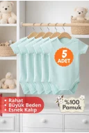 Çocuk Body Zıbın 5li Set Büyük Beden %100 Pamuk Alttan Çıtçıtlı Kısa Kol 2-12 Yaş Bebek Body Yeşil