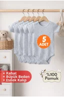 Çocuk Body Zıbın 5li Set Büyük Beden %100 Pamuk Alttan Çıtçıtlı Kısa Kol 2-12 Yaş Bebek Body Gri