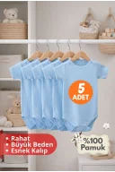 Çocuk Body Zıbın 5li Set Büyük Beden %100 Pamuk Alttan Çıtçıtlı Kısa Kol 2-12 Yaş Bebek Body Mavi