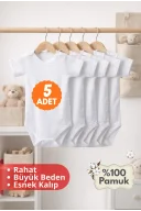 Çocuk Body Zıbın 5li Set Büyük Beden %100 Pamuk Alttan Çıtçıtlı Kısa Kol 2-12 Yaş Bebek Body Beyaz