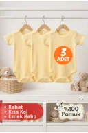 2-12 Yaş 3lü Sarı Bebek Çocuk Body %100 Pamuk Esnek Kalıp Kısa Kol Çıtçıtlı Zıbın