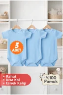 2-12 Yaş 3lü Mavi Bebek Çocuk Body %100 Pamuk Esnek Kalıp Kısa Kol Çıtçıtlı Zıbın