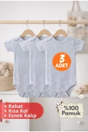2-12 Yaş 3lü Gri Bebek Çocuk Body %100 Pamuk Esnek Kalıp Kısa Kol Çıtçıtlı Zıbın