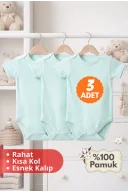 2-12 Yaş 3lü Yeşil Bebek Çocuk Body %100 Pamuk Esnek Kalıp Kısa Kol Çıtçıtlı Zıbın