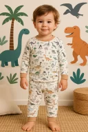 Dinazor Desen Erkek Bebek Eşofman Pijama Takımı Kahverengi