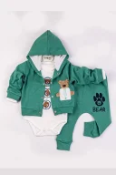 Yeni Doğan 3-6 Ay Erkek Bebek Takımı Bear Nakışlı Kapişonlu Yeşil