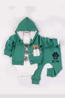 Yeni Doğan 3-6 Ay Erkek Bebek Takımı Bear Nakışlı Kapişonlu Yeşil
