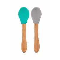 OiOi Bambu Saplı Silikon Mama Kaşığı 2li Aqua Green / Powder Grey