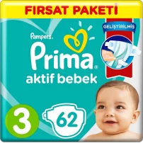 Prima Bebek Bezi Aktif Bebek Fırsat Paket 3 Beden 62 Adet