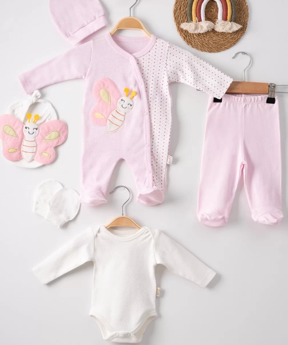 3 Ay Kelebek Nakış Tulum Set Kız Bebek 5li Set Pembe