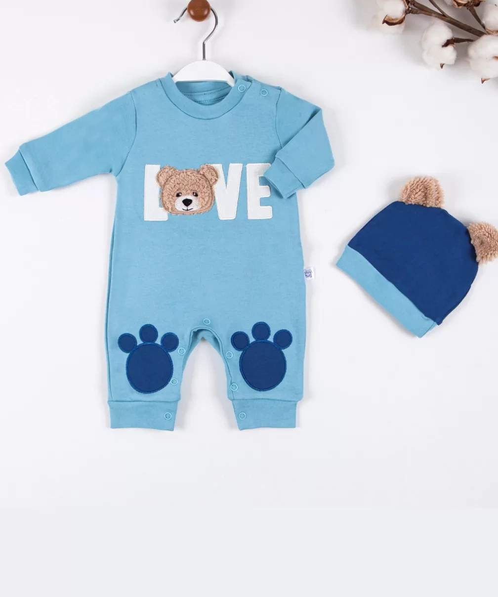 3-9 Ay Erkek Bebek Tulumu Love Bear Nakışlı Mavi