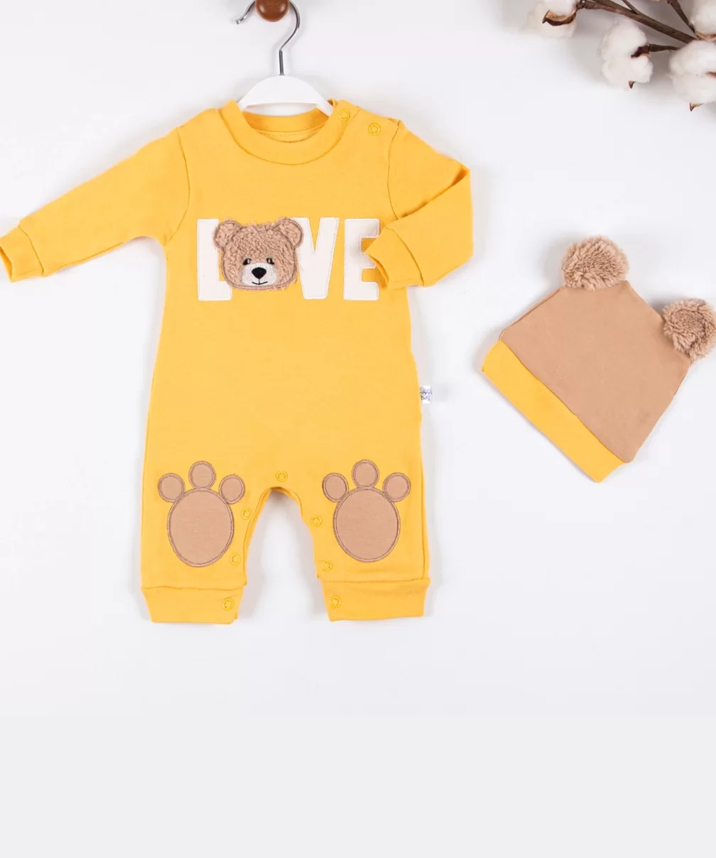 3-9 Ay Erkek Bebek Tulumu Love Bear Nakışlı Sarı