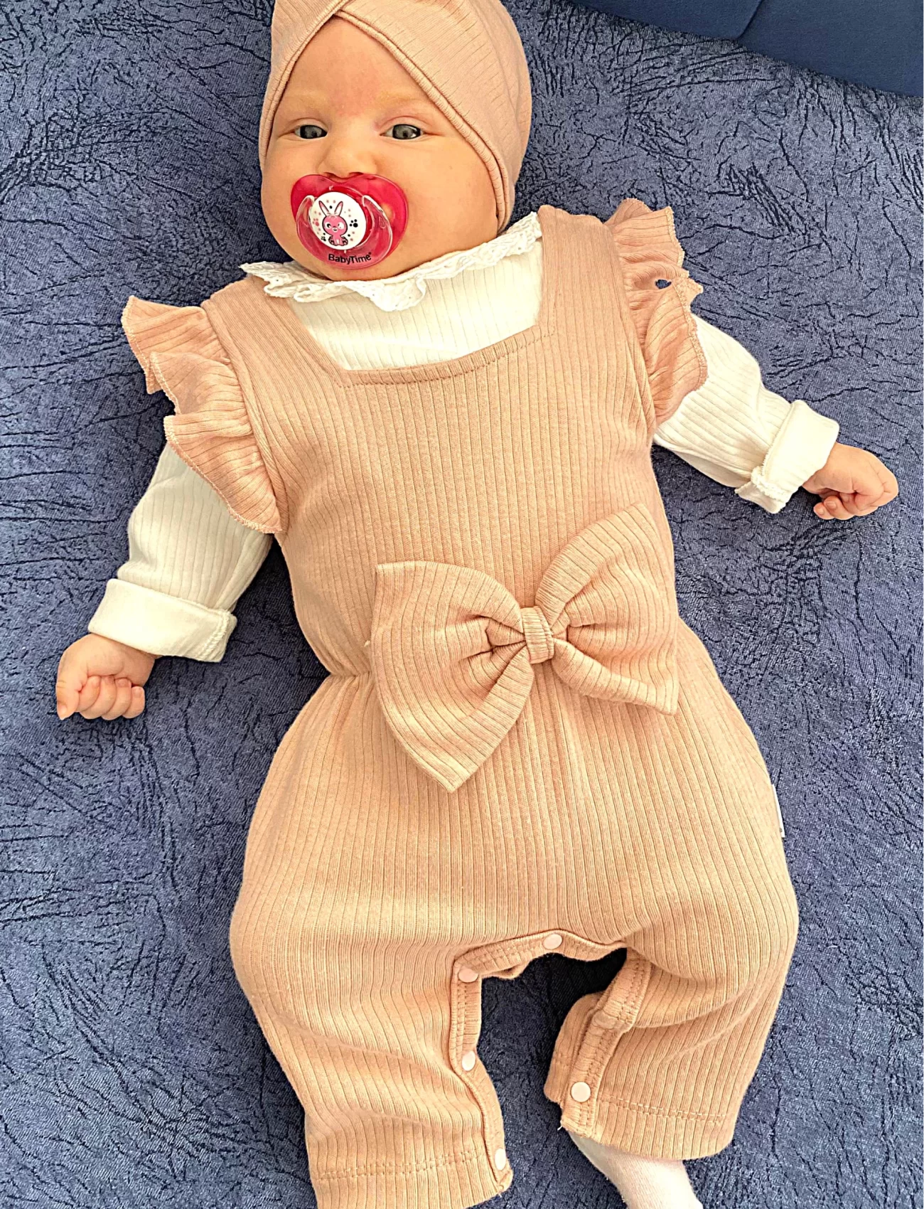 3-9 Ay Dantel Yaka Fiyonklu 2Li Kız Bebek Salopet Gül Kurusu