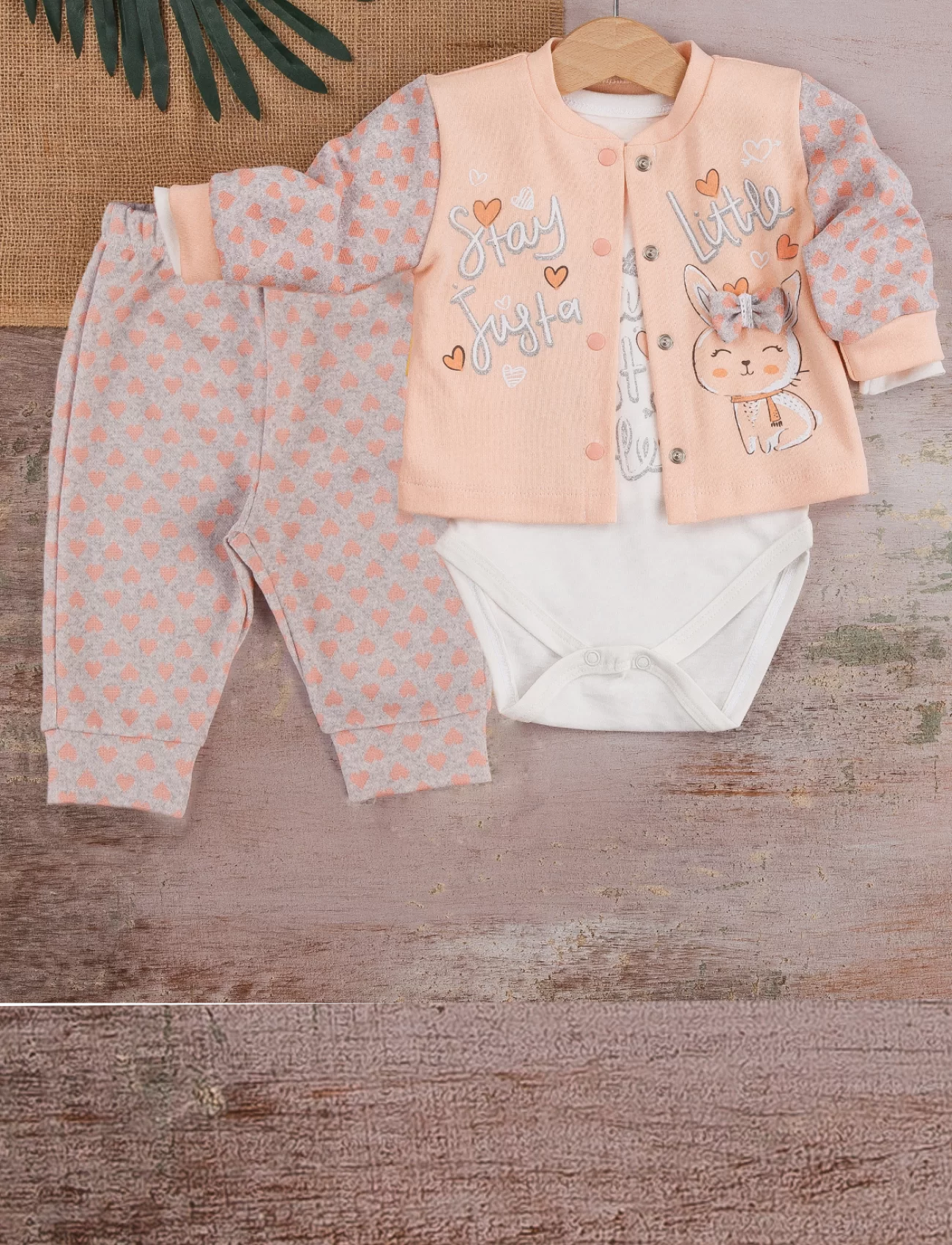3-9 Ay Kız Bebek Takımı Stay Little Puan 3lü Hırkalı Somon