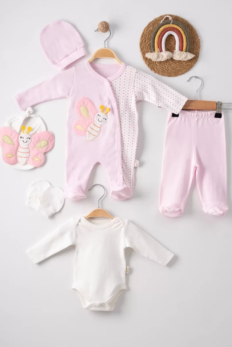 3 Ay Kelebek Nakış Tulum Set Kız Bebek 5li Set Pembe