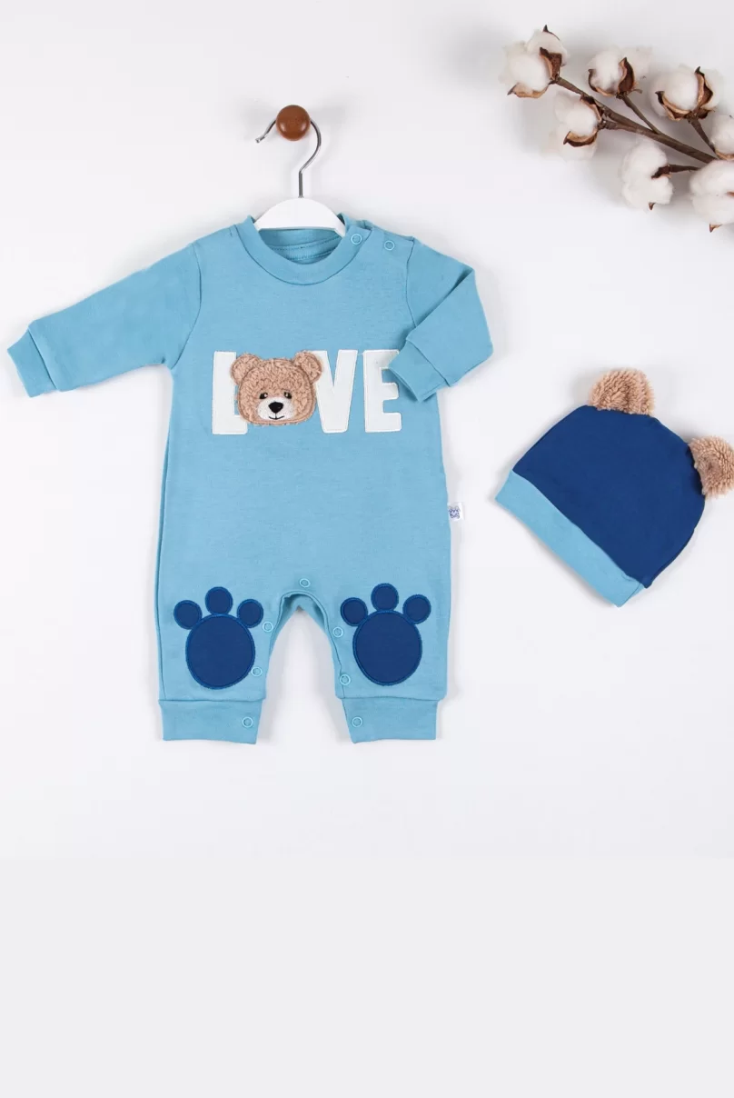 3-9 Ay Erkek Bebek Tulumu Love Bear Nakışlı Mavi