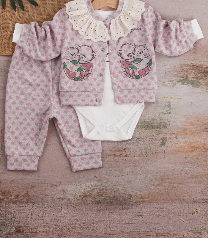 3-9 Ay Kız Bebek Takımı Brode İşlemeli Kalp 3lü Hırkalı Lila