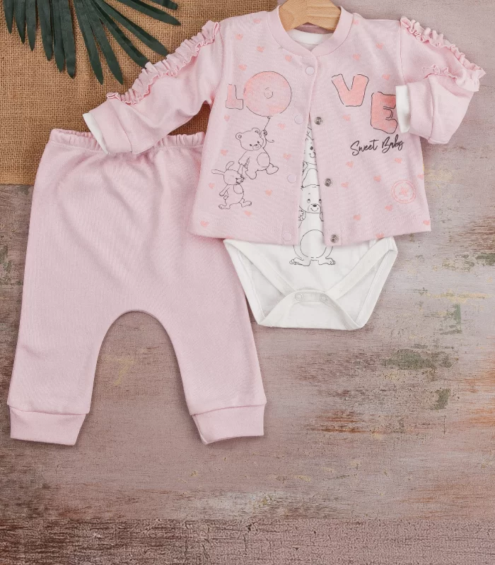 3-9 Ay Kız Bebek Takımı Love Tavşan 3lü Hırkalı Açık Pembe