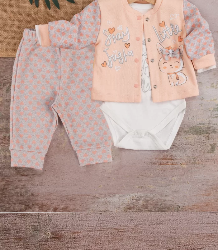 3-9 Ay Kız Bebek Takımı Stay Little Puan 3lü Hırkalı Somon