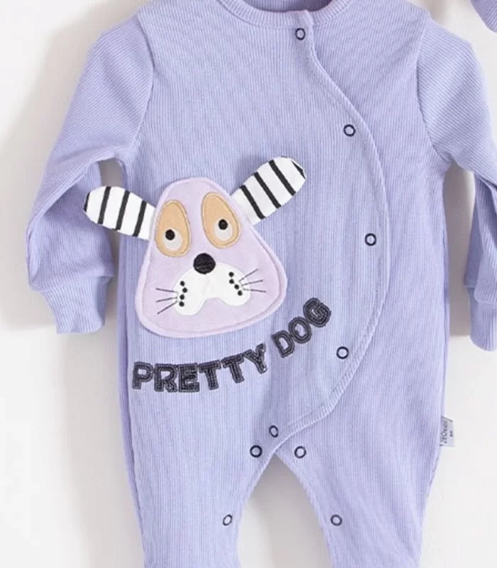 3-18 Ay Kız Bebek Tulumu Pretty Dog Nakış Bandanalı Lila