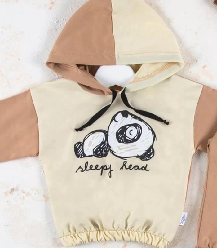 6-24 Ay Erkek Bebek Takımı Panda Kapişonlu Krem