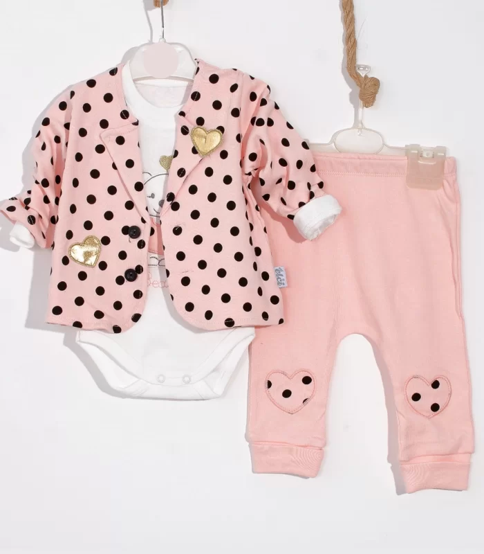3-9 Ay Kız Bebek Alt&Üst Takımı Puan Çeketli 3lü Somon