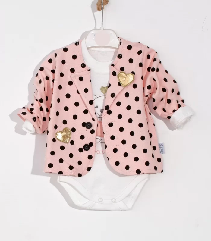 3-9 Ay Kız Bebek Alt&Üst Takımı Puan Çeketli 3lü Somon