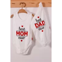 Yeni Doğan 3-12 Ay Best Mom ve Dad Askılı Unisex Body Beyaz