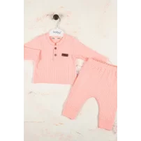 3-18 Ay Çizgili Kumaş 2li Unisex Takımı Pembe