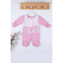 3-9 Ay Kız Bebek Tulumu Gofralı Fransız Güpürlü Pembe