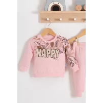 3-18 Ay Kız Bebek Takımı Happy Yaprak 2li Pembe