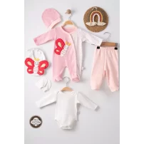 3 Ay Kelebek Nakışlı Puanlı Tulumlu Kız Bebek 5li Set Pembe