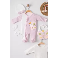 3 Ay Kelebek Nakış Puanlı Tulumlu Kız Bebek 5li Set Pembe