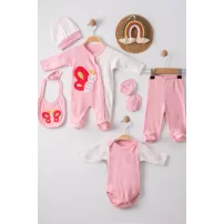 3 Ay Kelebek Nakış Tulumlu Kız Bebek 5li Set Pembe