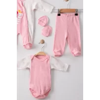 3 Ay Kelebek Nakış Tulumlu Kız Bebek 5li Set Pembe