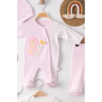 3 Ay Kelebek Nakış Tulum Set Kız Bebek 5li Set Pembe