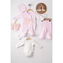 3 Ay Kelebek Nakış Tulum Set Kız Bebek 5li Set Pembe