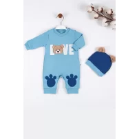 3-9 Ay Erkek Bebek Tulumu Love Bear Nakışlı Mavi