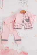 3-9 Ay Kız Bebek Alt&Üst Takımı Kedi 3lü Hırkalı Pembe