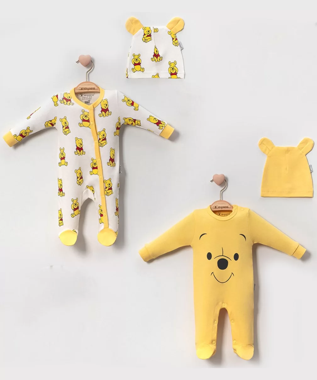 3-6 Ay Ayıcık Pooh Şapkalı 2 Adet Unisex Bebek Tulum Sarı