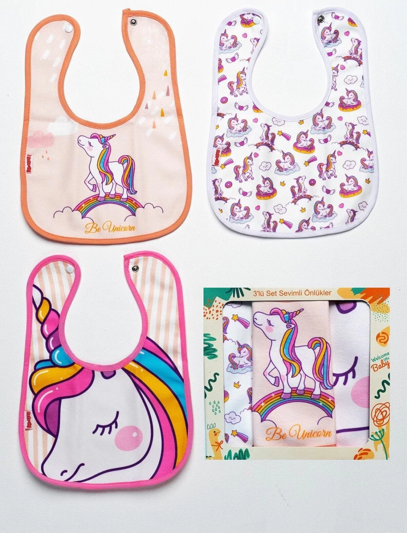 Unicorn Tema Kare 3 Parça Microfiber Mama Önlüğü Kutulu