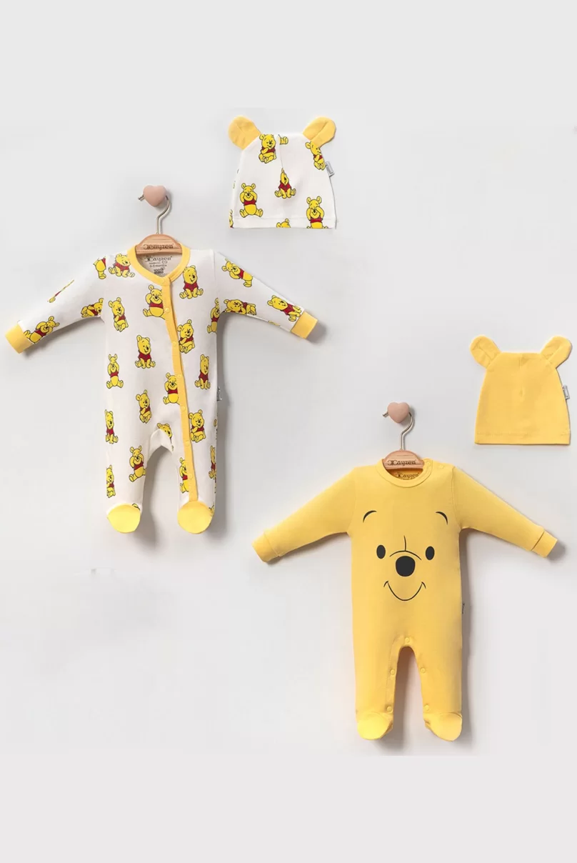 3-6 Ay Ayıcık Pooh Şapkalı 2 Adet Unisex Bebek Tulum Sarı