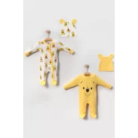 3-6 Ay Ayıcık Pooh Şapkalı 2 Adet Unisex Bebek Tulum Sarı