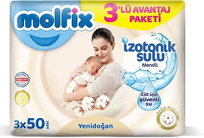 Molfix Yenidoğan İzotonik Sulu Doğal Pamuk Islak Havlu Mendil 3Lü 150 Yaprak