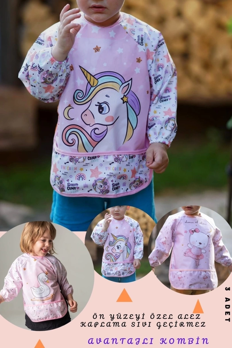 Sıvı Geçirmez 3 Adet Unicorn Kuğu Ayıcık Desen Bebek Mama Önlüğü 0-2 Yaş