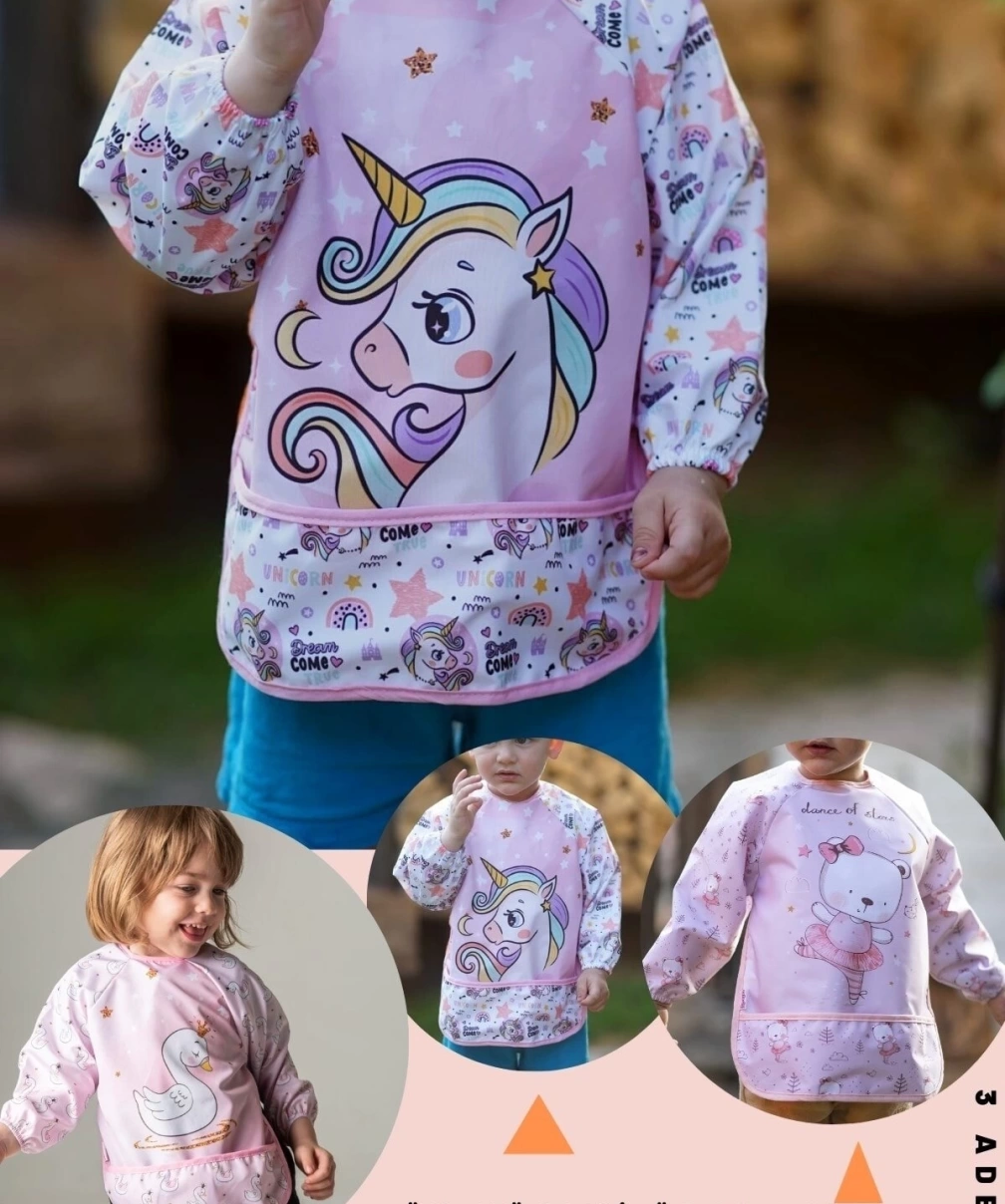 Sıvı Geçirmez 3 Adet Unicorn Kuğu Ayıcık Desen Bebek Mama Önlüğü 0-2 Yaş