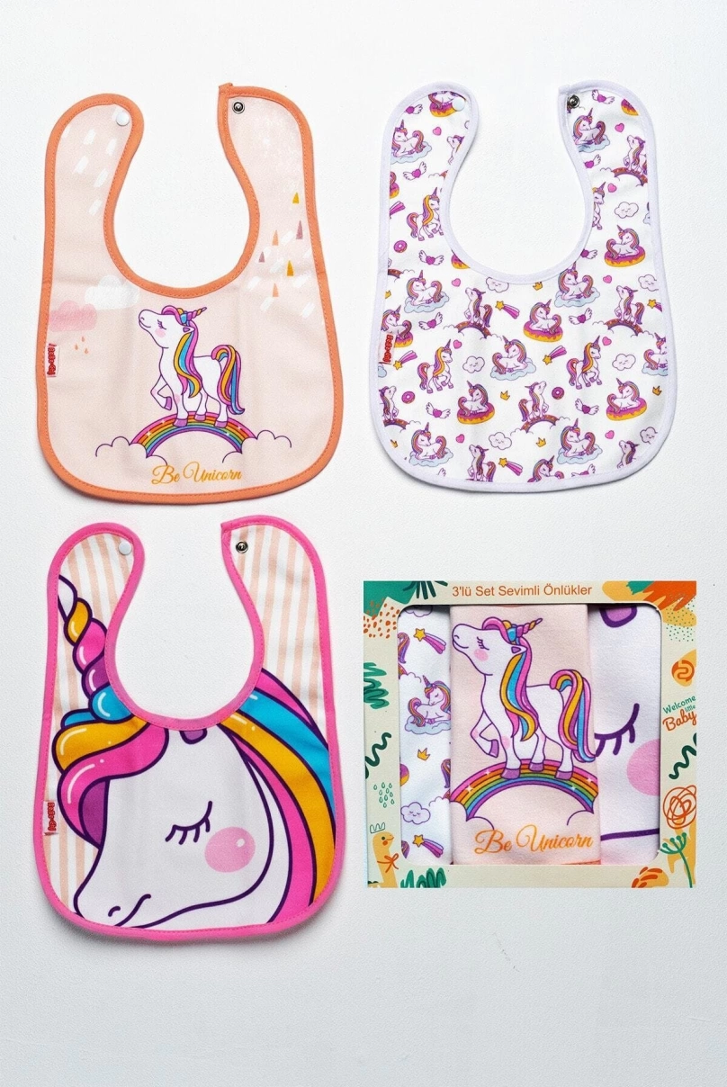 Unicorn Tema Kare 3 Parça Microfiber Mama Önlüğü Kutulu