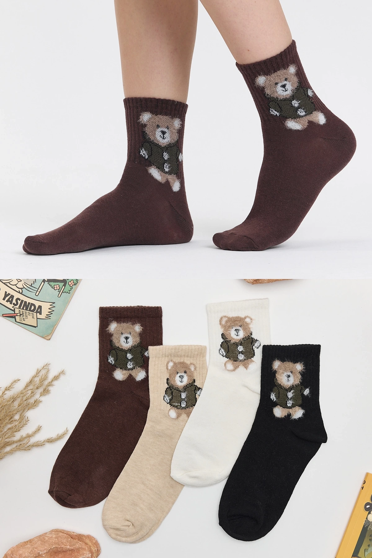 4lü Tüylü Teddy Bear Desenli Peluş Çorap