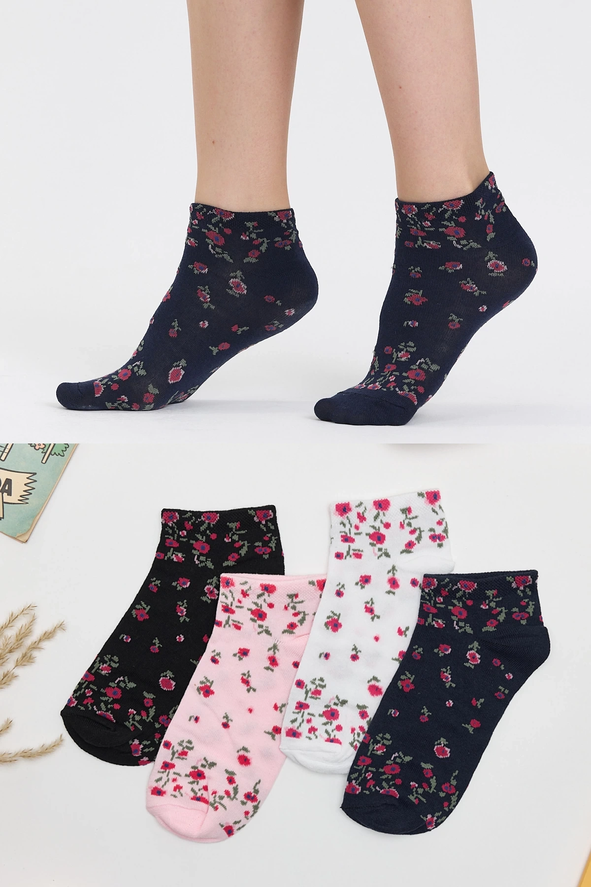 4lü Çiçek Desenli Patik Çorap Seti