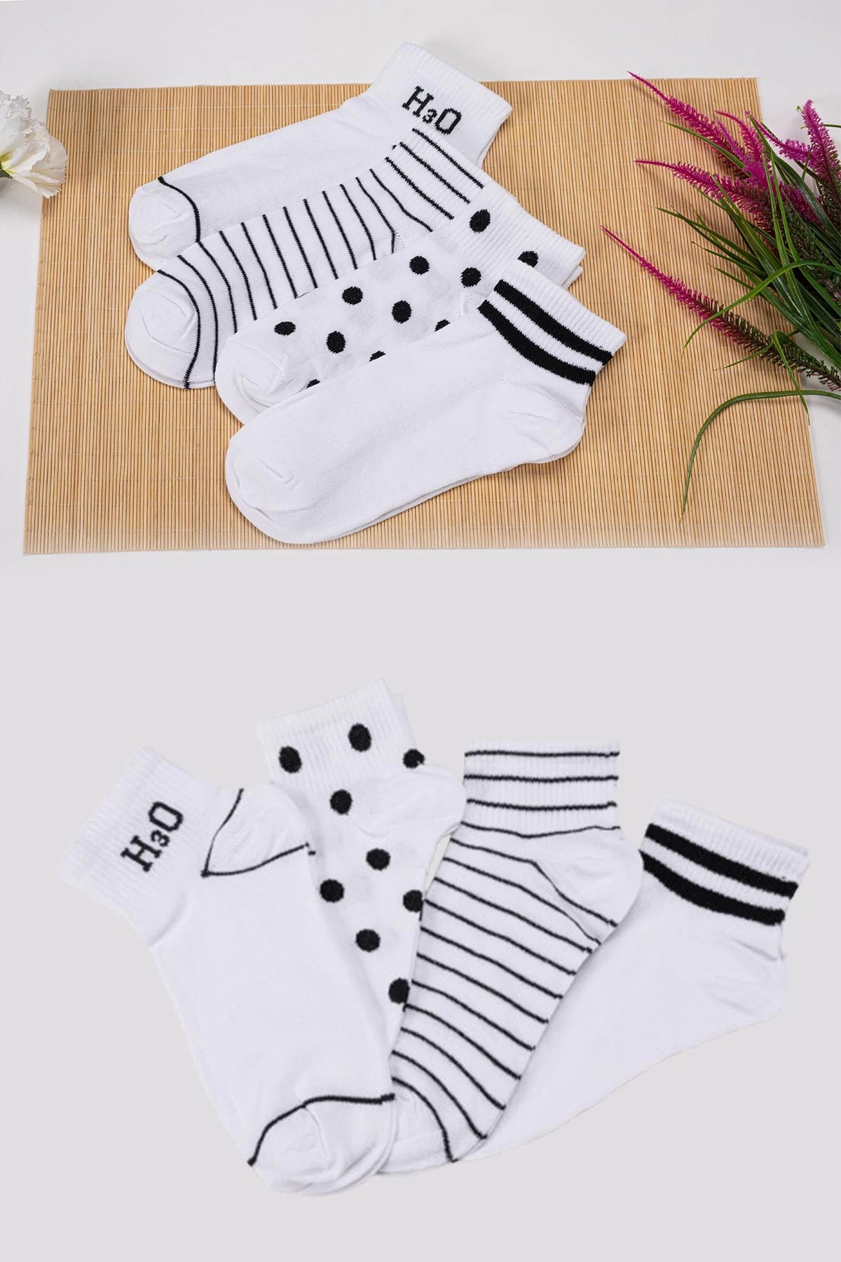 4lü H3O Desenli Kısa Çorap